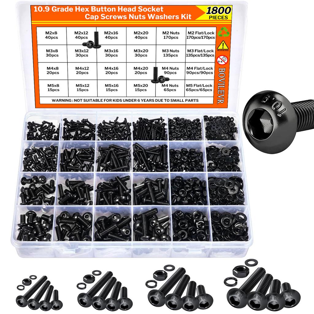 1800PCS Metric Screw & Bolt Kit: M2 M3 M4 M5 Hex Socket Button Head Screws, Lock & Flat Washers, Nuts, 10.9 Alloy Steel, Black