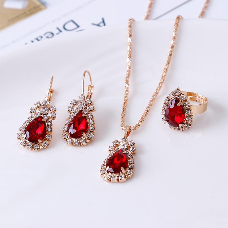 European & American Trendy Diamond Teardrop Jewelry Set: Necklace, Ring, Bracelet, Earrings