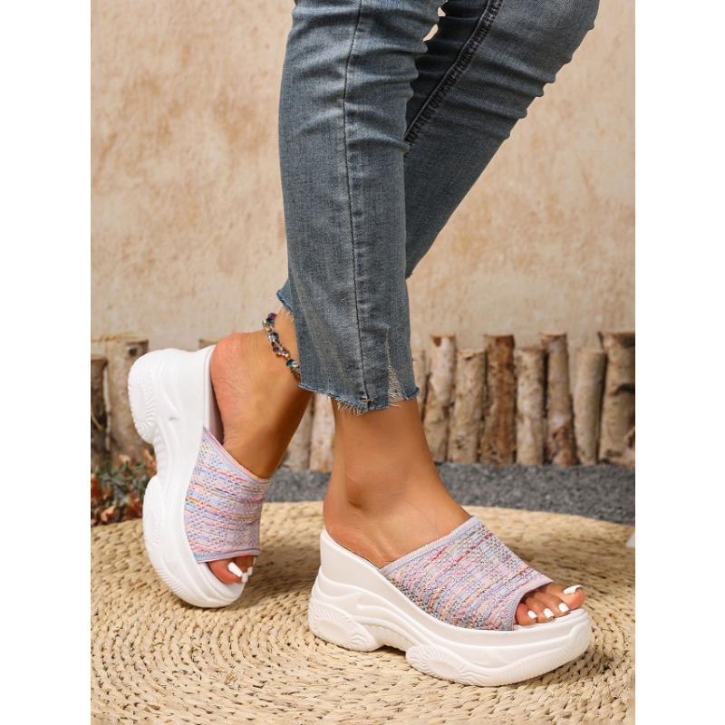 

Wedge heel slippers women s summer fly-woven muffins and fish mouth shoes wear one-word thick-soled large-size cool slippers 35