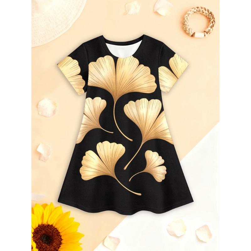 

Girls 3D Summer Dress Ginkgo Leaf Pattern - Elegant Black and Golden Floral Design for Outdoor 110