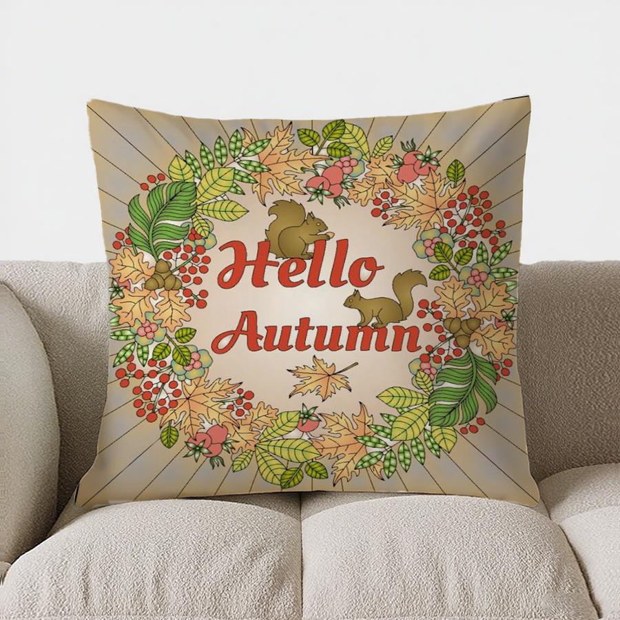 Home Decor Hello Autumn: Squirrels & Fall Leaves Pillow Pattern Cushion Cover Suitable For Sofa Bedroom Car Pillow Cover