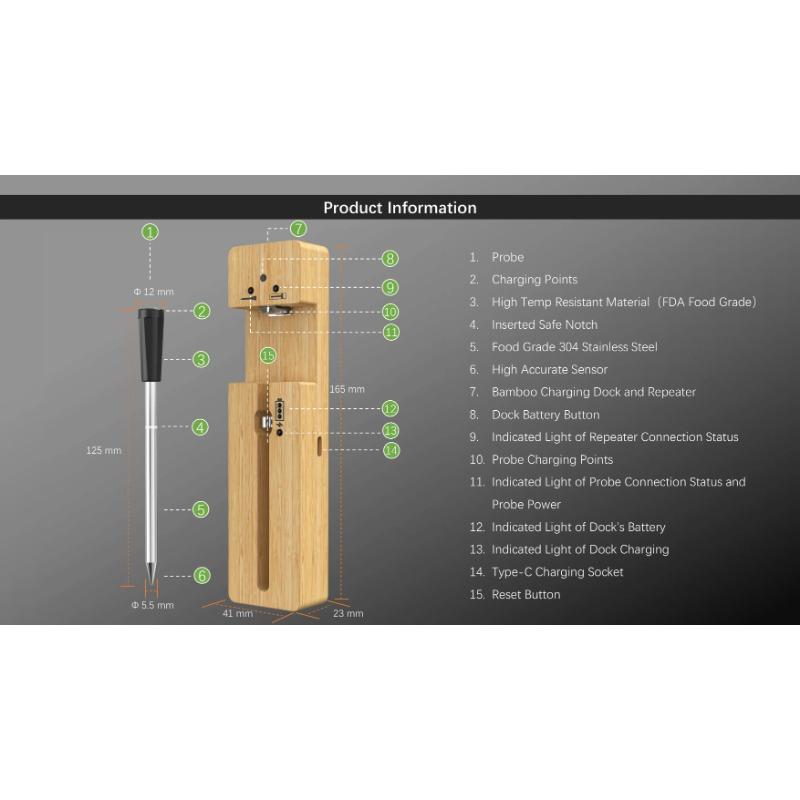 Chytrý masový teploměr bezdrátový - Bluetooth masové teploměry na grilování a uzení, sonda vydrží až 16 hodin