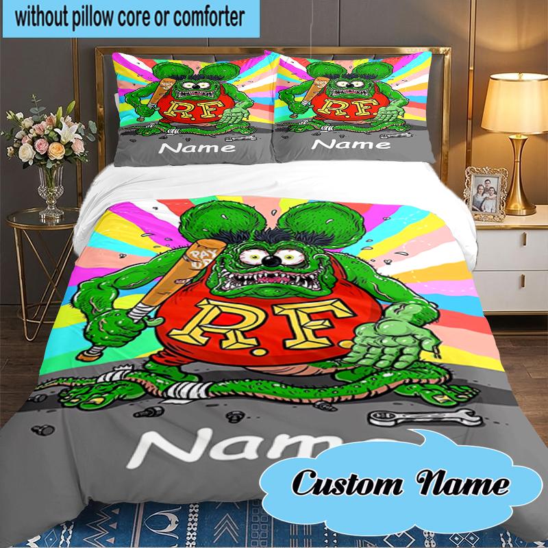 Custom Name Rat Fink Baseball Artwork Bedding Set 3pcs, Bedding Set Including 1pc Duvet Cover And 2pcs Pillowcases for Bedroom, Dormitory Gift