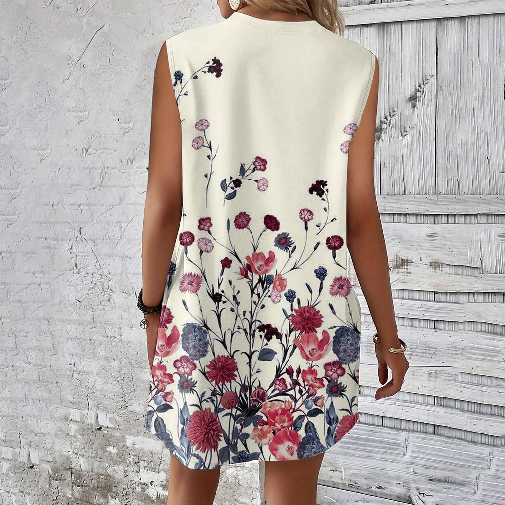 Lässiges und modisches ärmelloses, mittellanges Kleid mit Rundhalsausschnitt und Druck für Damen