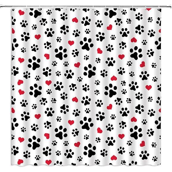 Dog Paw Print Shower Curtain Pet Lovers Cute Kitten Cat Footprint Red Love Heart Abstract Geometric Drawing Style Animal Decor Boys Girls Polyester