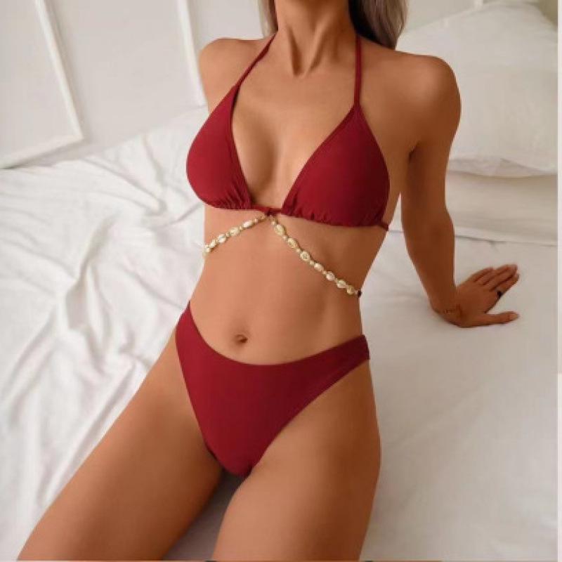 European & American Shell Chain Solid Color Split Swimsuit – Women's Sexy Bikini