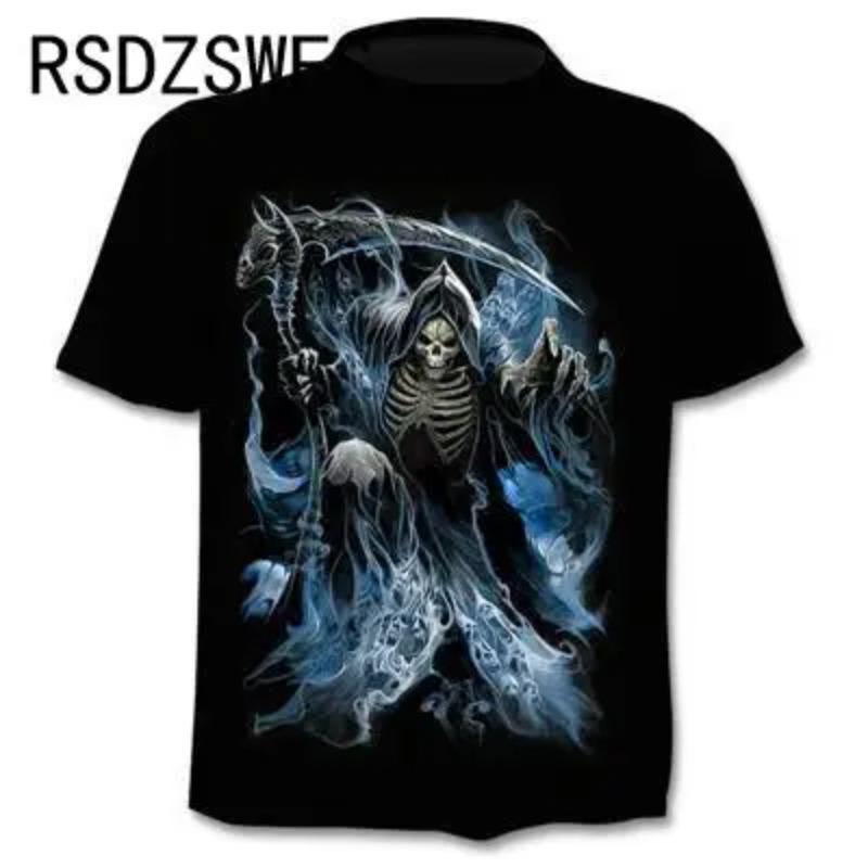 Round Neck 3D Skull Printed Top Fashionable Casual Short Sleeved Men's T-shirts - Soft Medium Stretch Polyester Fabric Summer Relaxed Fit Clothing