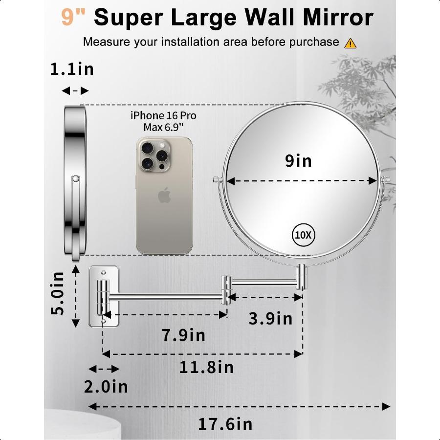 

Очень большое настенное зеркало 9 дюймов с 1-кратным и 10-кратным увеличением, поворотное на 360 градусов, выдвижное, хромированное, полированное, для ванной комнаты, вани United States