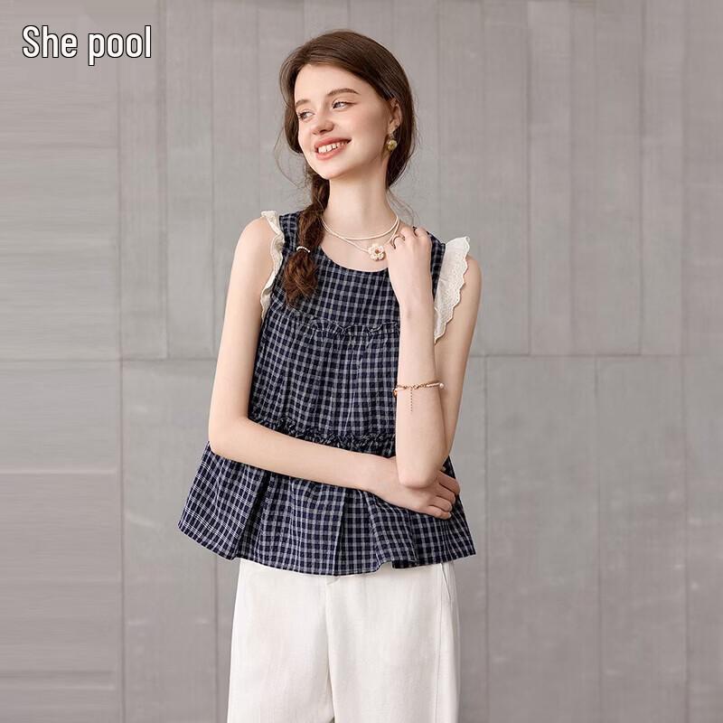 Women s Sweet Ruffled Plaid A-Line Sleeveless Top S