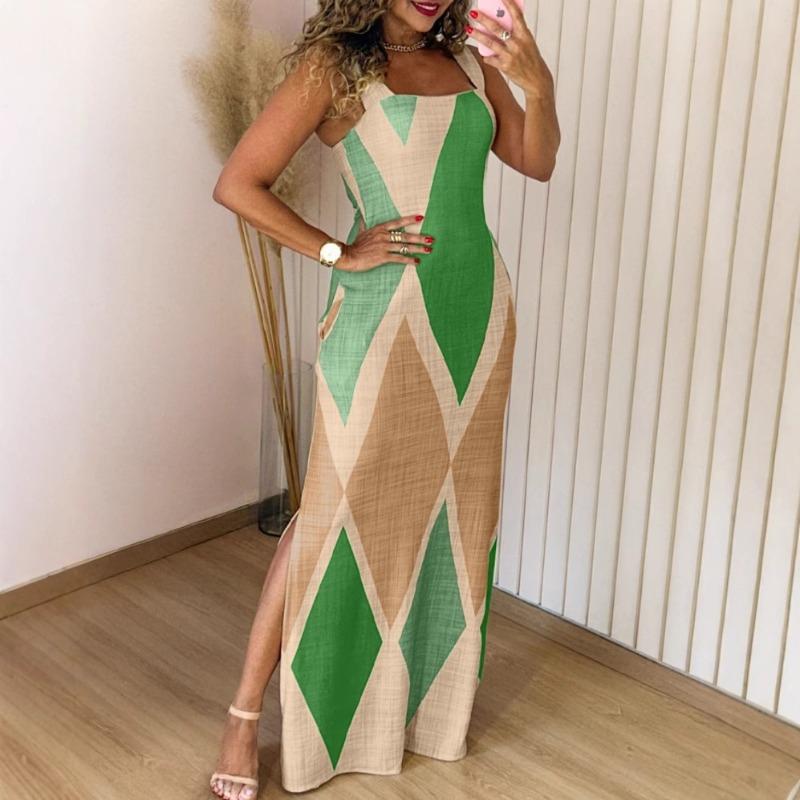 Summer new sleeveless contrasting colors sexy slim-fitting split commuter dress women's clothing