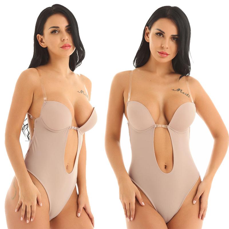 Woman Deep V Bodysuit Clear Strap Backless Plunge Thong Push Up Padded Bra Body Shaper Suit