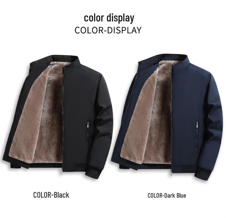 Men's Autumn/Winter Plus Velvet Jacket: Middle-Aged & Elderly, Warm Thick Stand Collar, Solid Color, Business Casual, Plus Size Outerwear.