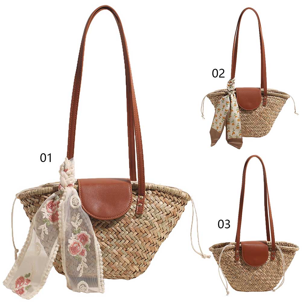Straw Woven Beach Bag Summer Hand-Woven Underarm Bag with Ribbon Women Large Capacity Knitted Tote Bag Bohemian Braiding Handbag