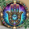 D Flat Hamsa Hand with Evil Eye Round Tin Sign Mystic Galaxy Bohemian Metal Wall Decor for Home Yoga Studio Spiritual Room