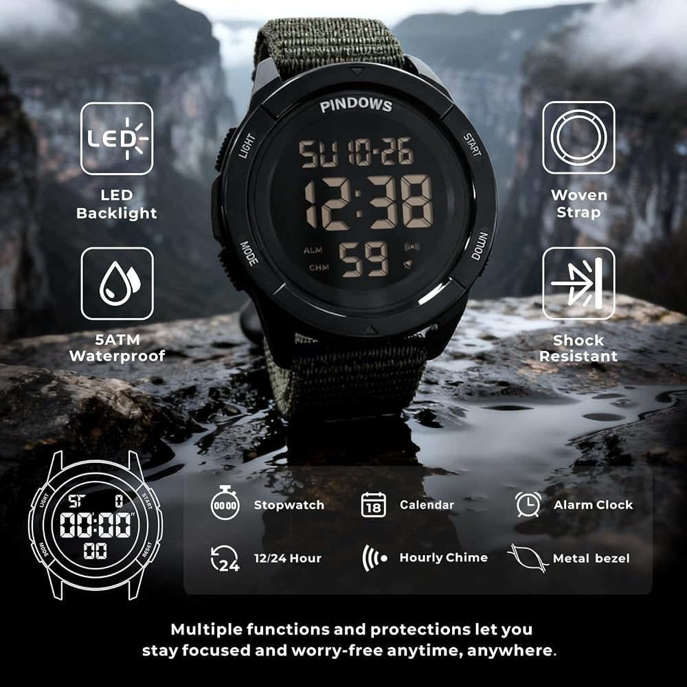 PINDOWS Men's Digital Sports Watch 50M Waterproof Velcro Strap Work Watch