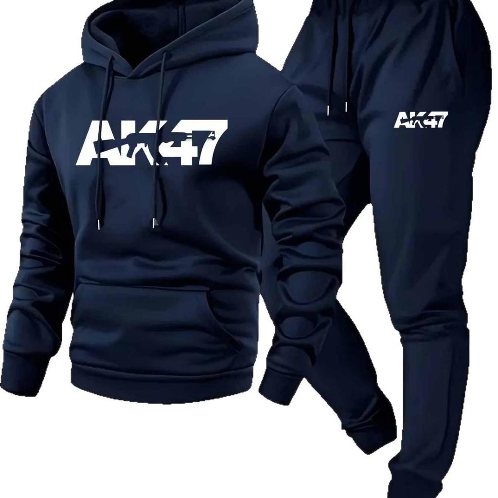 Men's AK Letter Print Casual Two-Piece Hoodie and Sweatpants Set