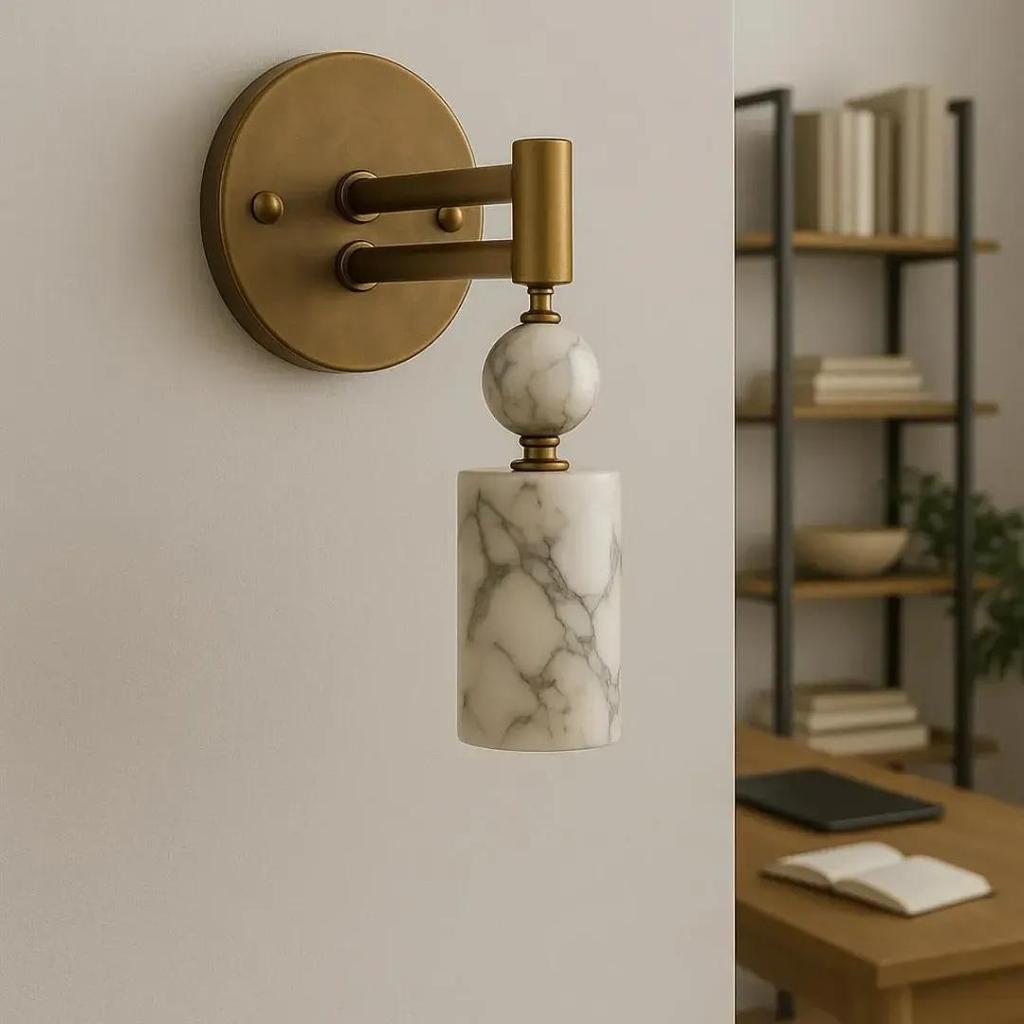 Modern Marble Wall Sconce Light – Brass Finish Luxury Wall Lamp for Bedroom Living Room
