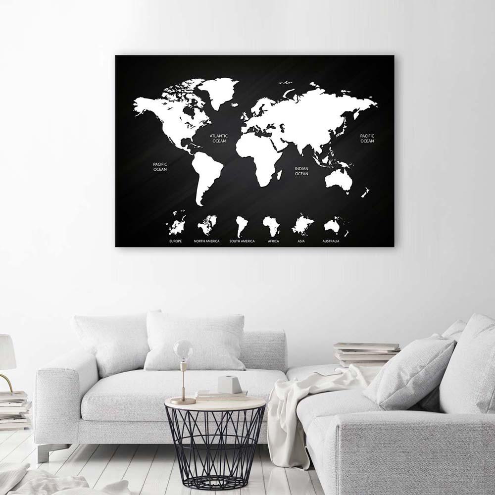 Canvas print, World map black and white