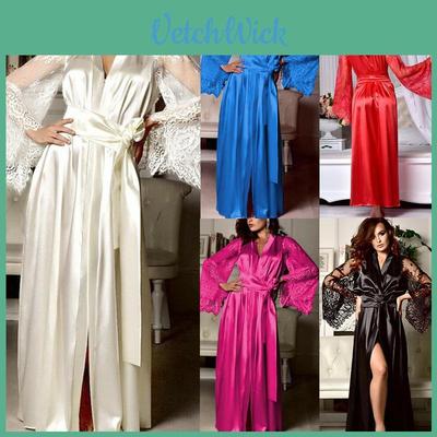Elegantes Damen Nachthemd Seidensatin Spitze Lingerie Kimono Nachtwäsche Langer Bademantel Robe