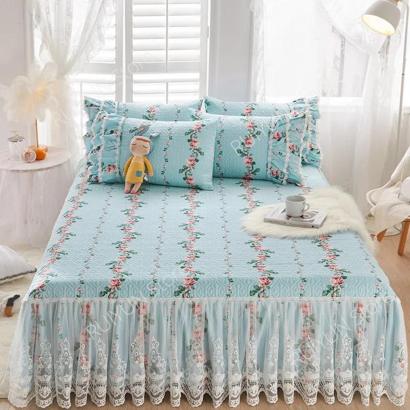Flower Decorative Princess Lace Bed Skirt 100% Cotton-padded Thicken Bed Skirt Home Non-slip Mattress Cover Protector Bed Cover