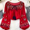 Embroidery Flower Spring Women Blouse Vintage Ethnic Lantern Long Sleeved Oneck Loose Cotton Linen Shirt Casual Top D5082