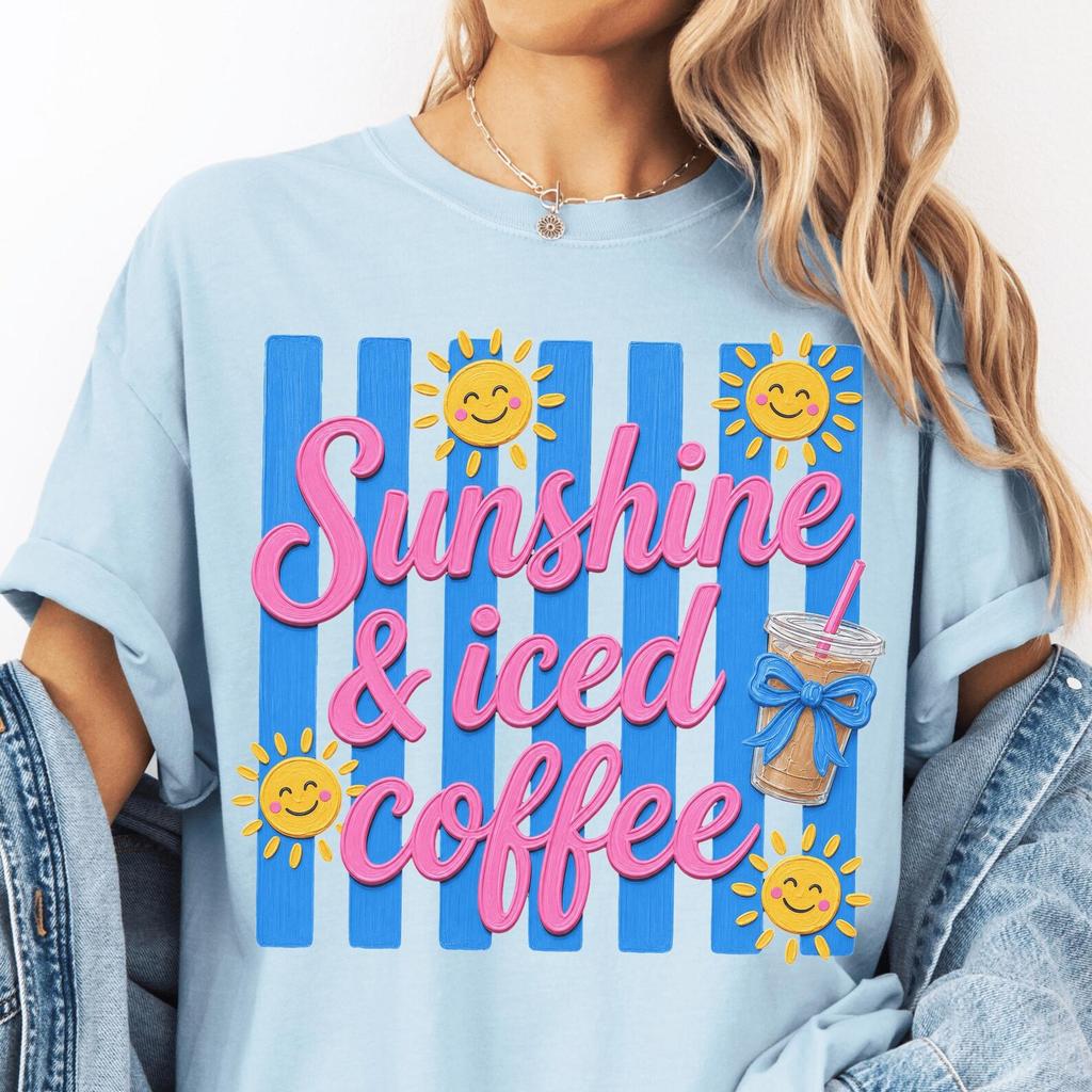 Sunshine And Iced Coffee Shirt Comfort Colors® Beach Life Happy Vacation Summer Vibes Preppy Girl Sun Coquette Bow Iced Coffee Time Tshirt