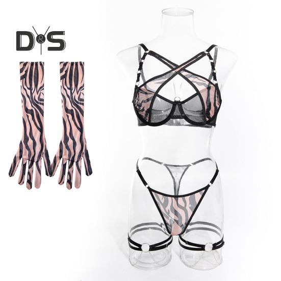 1 Set Damen-Unterwäscheset inklusive Handschuhen und Oberschenkelringen, Kettendekor, Herzdruck, G-String, ausgehöhlt, verstellbarer Kreuzgurt, Schlafzimmer, Hochzeitsnacht