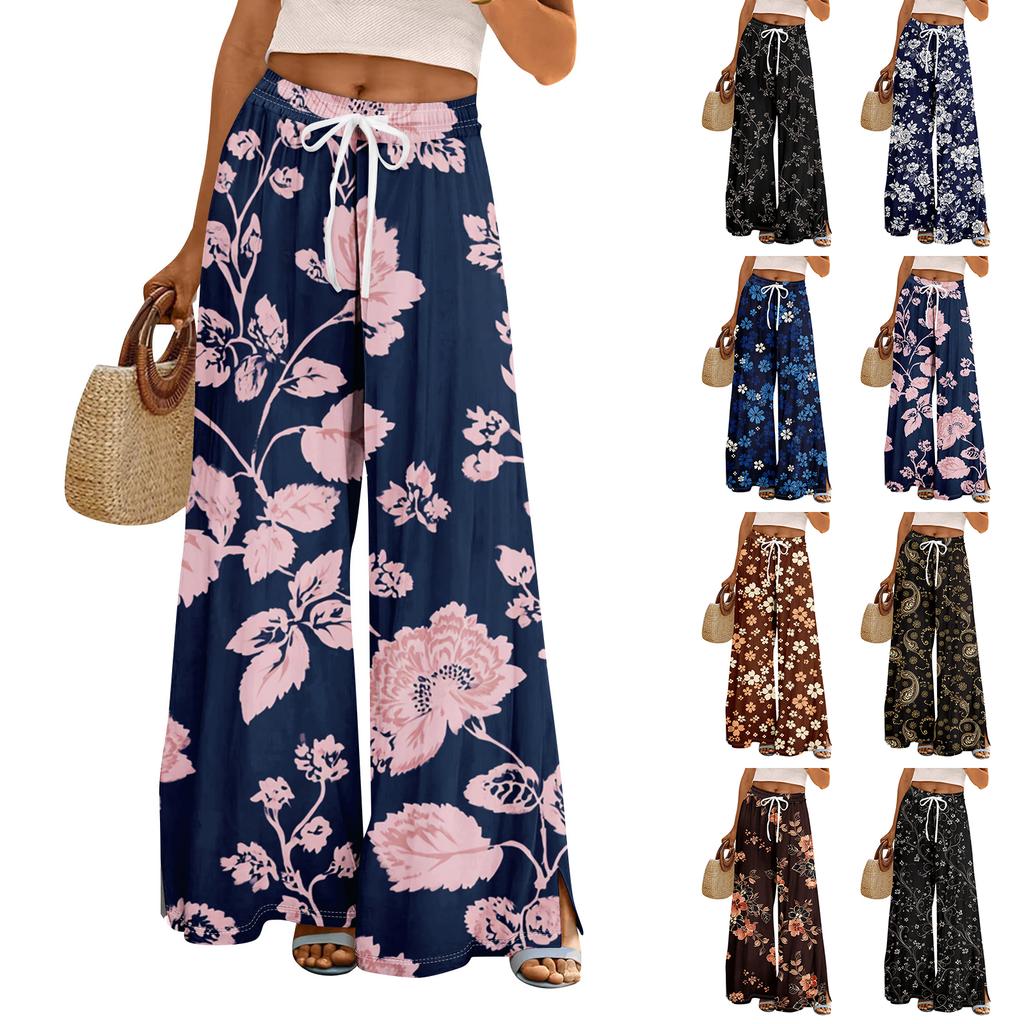 Damen Sommer Boho Palazzo Hose Hohe Taille Weites Bein Blumendruck Freizeithose Mit Taschen
