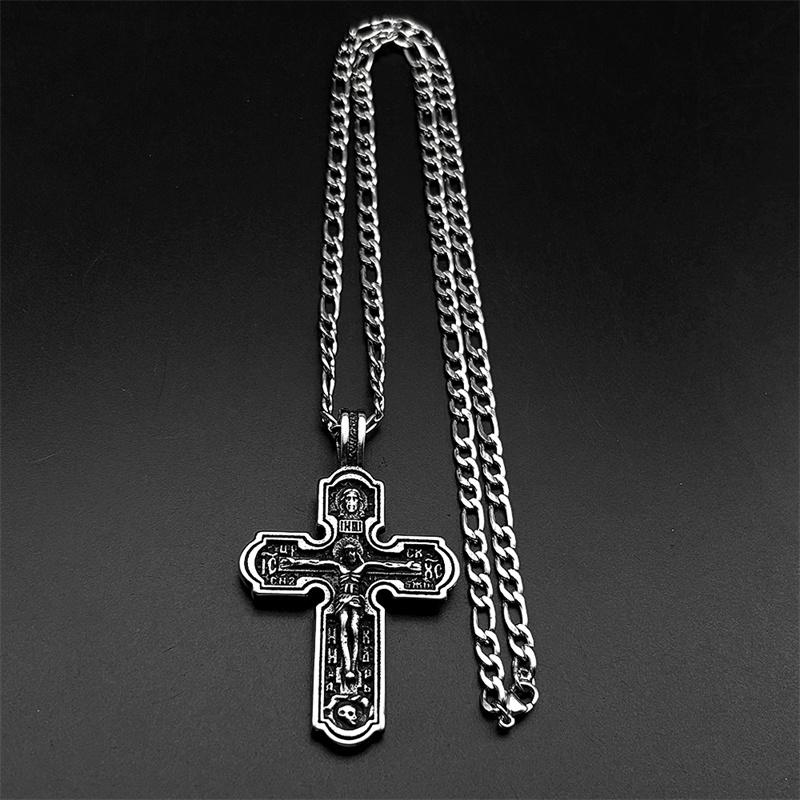 Vintage Orthodox Jesus Crucifix Cross Christian Pendant Necklace for Women Men 316L Stainless Steel Chain Amulet Jewelry Gift