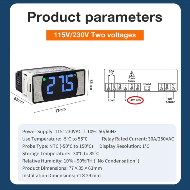 High Capacity 30A Temperature Controller Double Function Thermostats Simple Installs for Refrigeration & Heating Systems