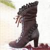 Women Lace Women's High Heel Middle Tube Boots Retro Leather Winter Shoes Booties Cowboy