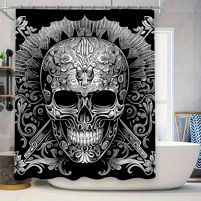 Tuniu Totenkopfmuster Badezimmervorhang, Gotisches Dekor, Schwarz-Weiß-Design, Coole Wanddekoration, Einzigartiger Duschvorhang