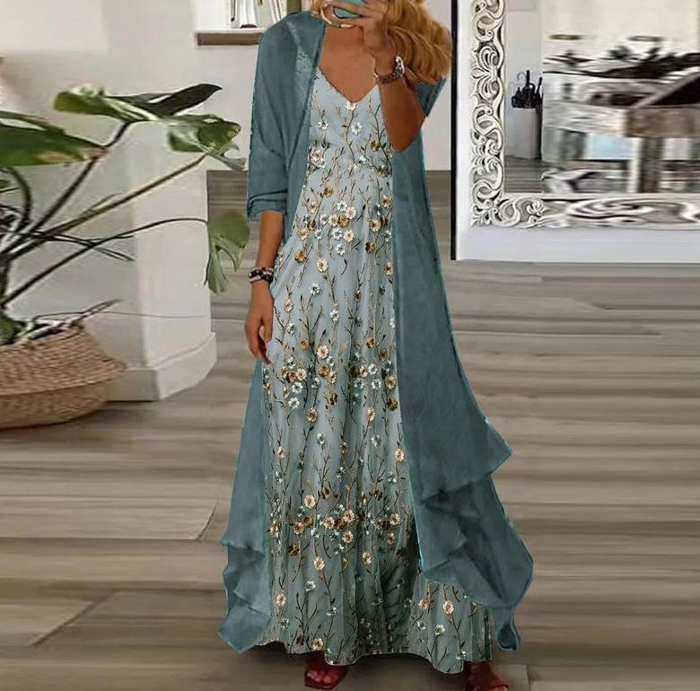 Women's Teal Lace Maxi Dress with Matching Cardigan for Casual Wear