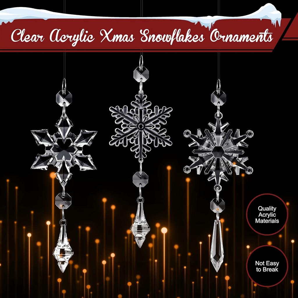 15pcs Elegant Crystal Snowflake Ornaments with 393.7inch Long Silvery Rope, Christmas Tree Acrylic Snowflake Winter Wonderland Decorations, Sparkling