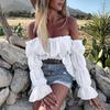 Women Sexy Solid Color Long Sleeve Off Shoulder Ruffled Edges Short Blouse Top