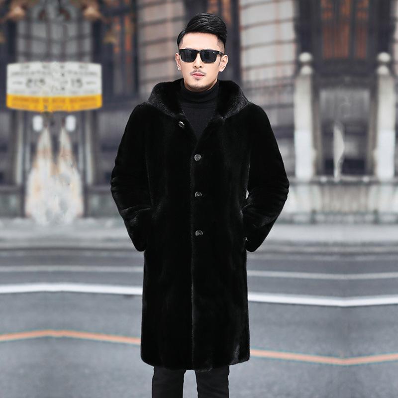Mink Coat Men's New Mink Hair Warm Whole Mink Long Slim Fit with Hat Fur Casual Fur Jacket