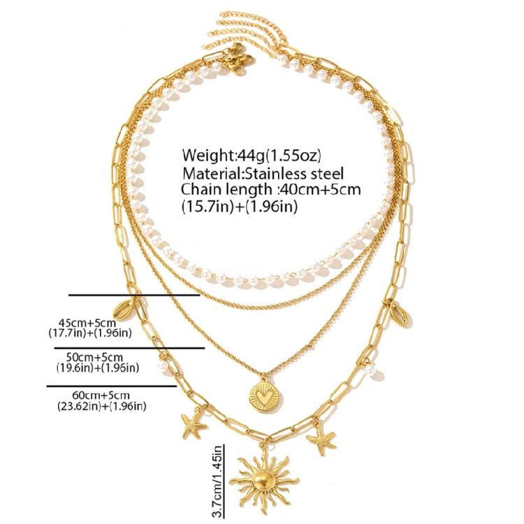 Multi Layer Necklace Pendant Neck Chain Jewelry with Sunflower Starfish And Pearls Accent For Daily Wear & Party Look