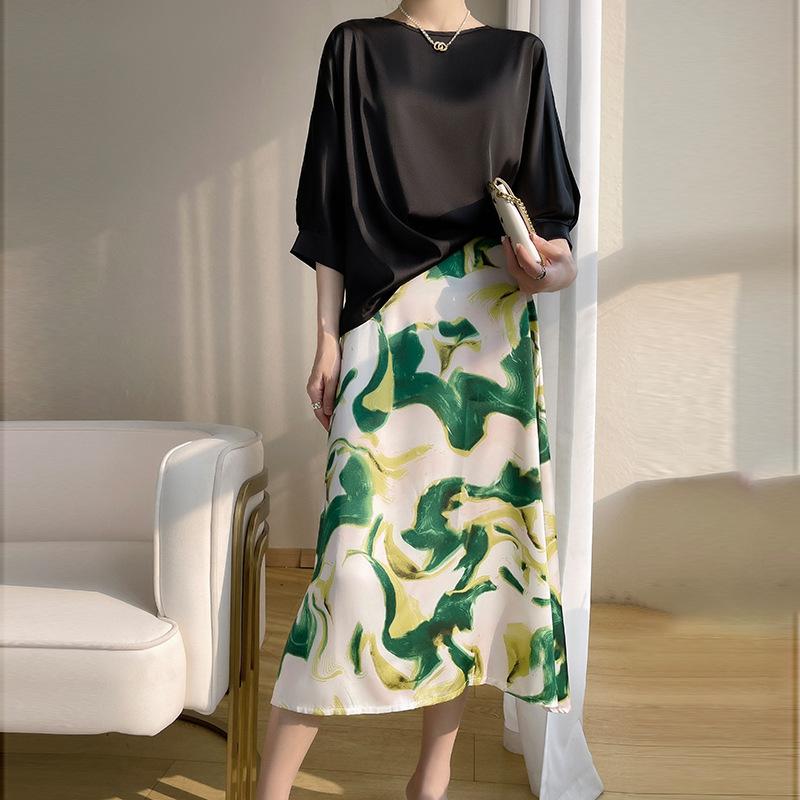 

Элегантная юбка для женщин с принтом масляной живописи, модная юбка «рыбий хвост» из уксусной кислоты, А-силуэта, прикрывающая недостатки фигуры, чтобы вы выглядели стройнее 3XL зелёный