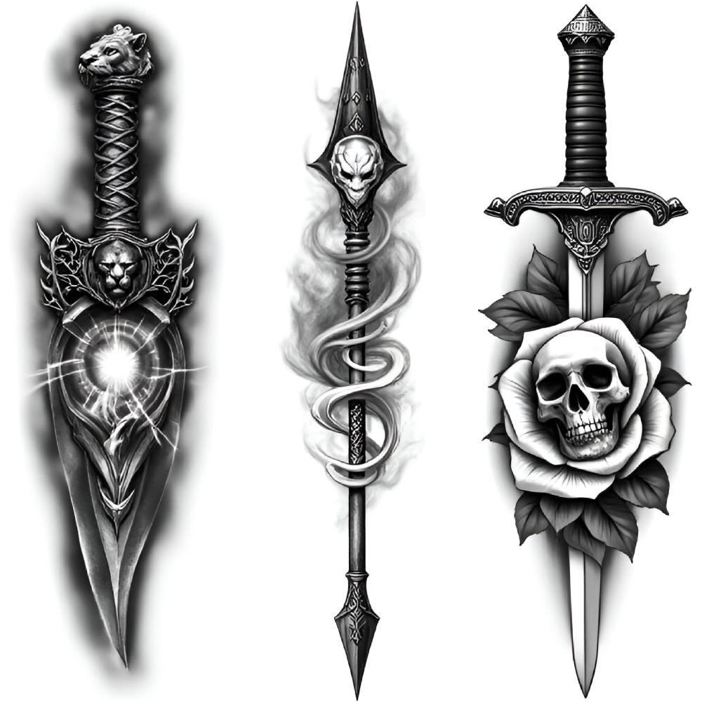 3pcs Temporary Tattoo Sword With Glowing Heart Realistic Temporary Tattoos Sword With Bear And Flowers For Thighs Adults Arms