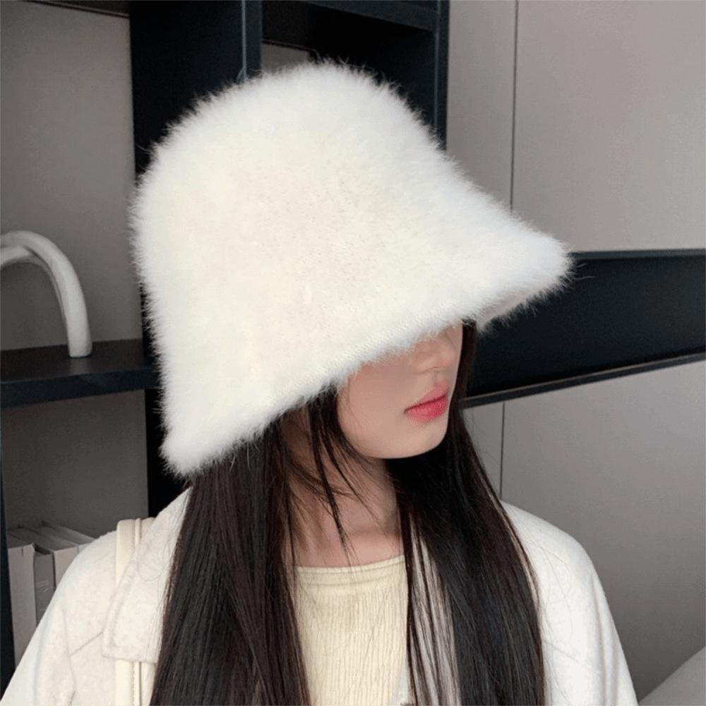 Furry Winter Fisherman Hat Knitted Anti-cold Bucket Hat Temperament Plush Bucket Cap  Outdoor