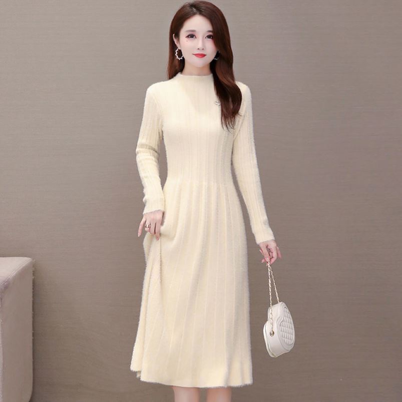Long Knitted Dress for Women Autumn Solid-color Sweater Dress Imitating Mink Fur Cinched Waist and Trendy Solid-color Long-sleeved Knitted Sweater