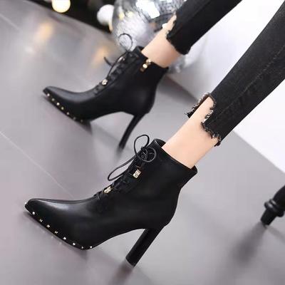 Rivet Black High-heeled Short Boots Women's 2025 New Autumn and Winter Lace-up Pointed Boots Side Zipper Thick Heel Martin Boots