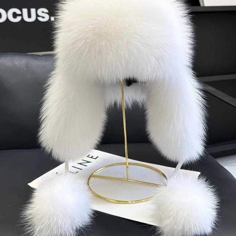 

Женская шапка-ушанка из лисьего меха - Облегающая лыжная шапка с дизайном для родителей и детей, Пушистая осенне-зимняя теплая снежная шапка с защитой ушей. One Size (Elastic)