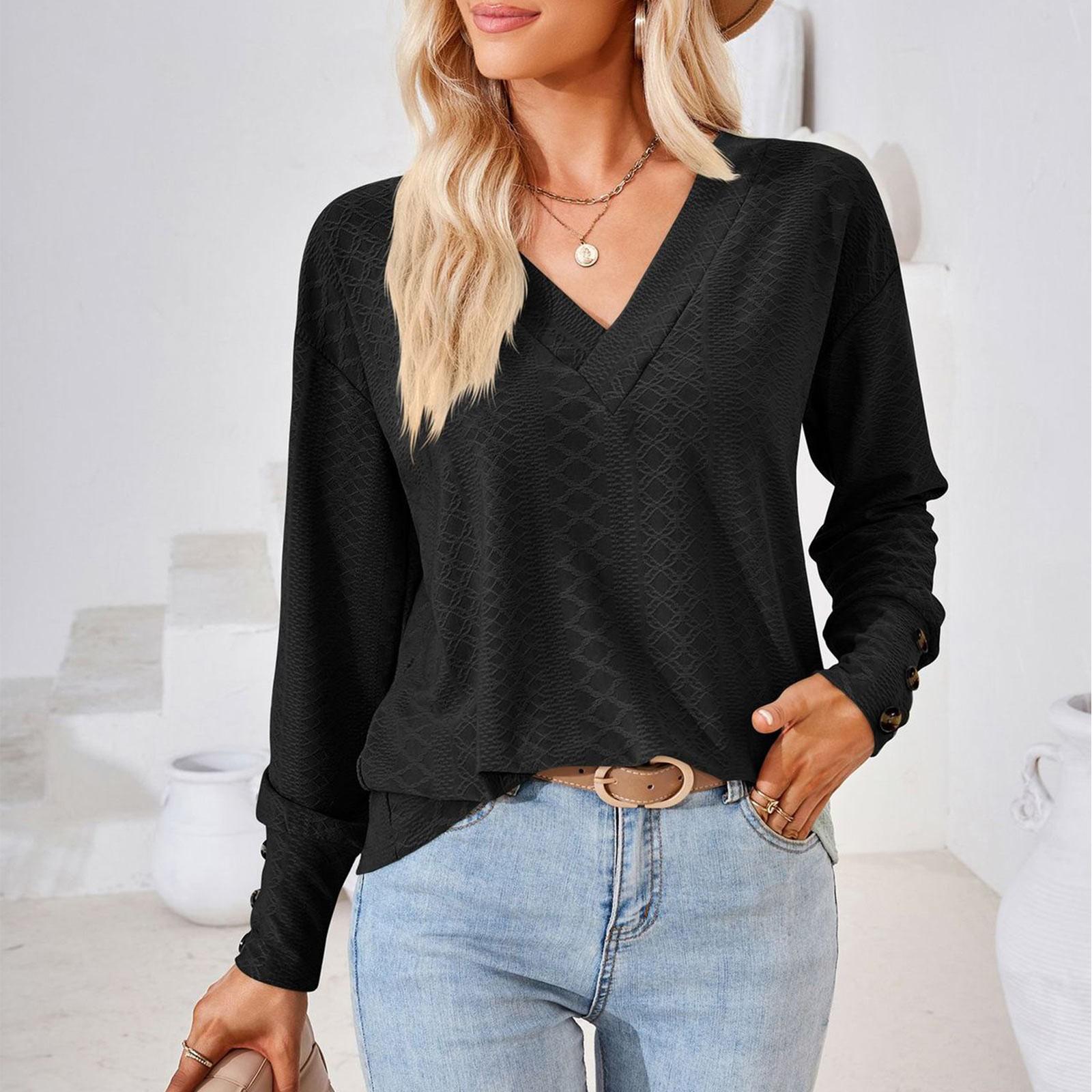 

Women s Casual Fashion Colour V-Neck T-Shirt Button Decoration Loose Top M чёрный