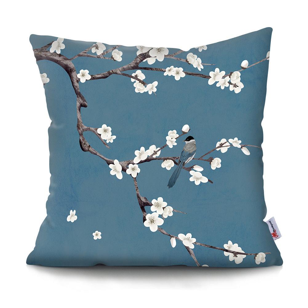 Square Chinese Landscape Painting Cushion Cover Vintage Plum Blossom Pillowcase