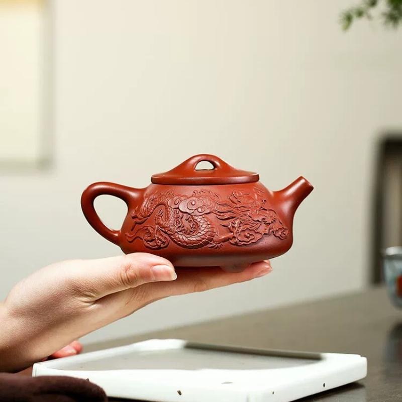 Embossed Dragon Teapot Yixing Handmade Purple Clay Pot Double Dragon Ceramic Teapot with Filter Hole