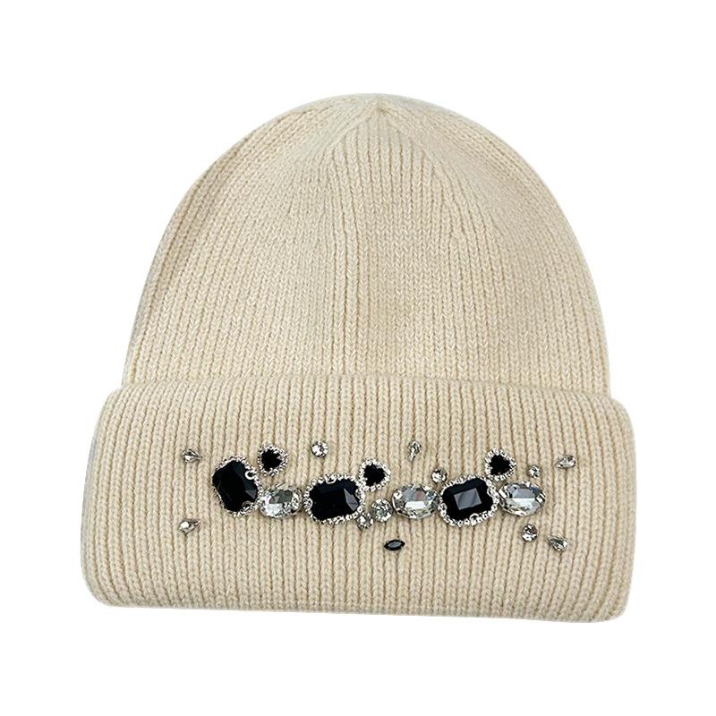 Hat Women's Autumn and Winter Rabbit Hair Warm Knitted Hat Women's Group Wind Fashion Rhinestone Wool Hat Versatile Crouch Cold Hat