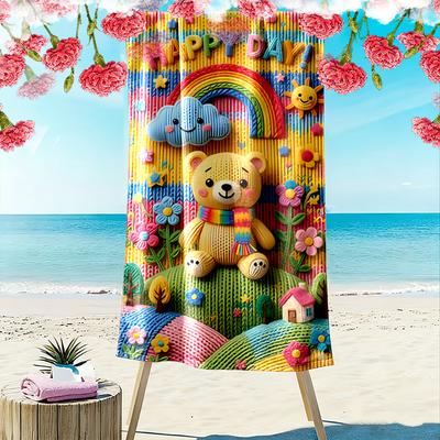 Cute Teddy Bear with Rainbow and Clouds Beach Towel Quick-drying for Travel Outdoor Sports Jogging Beach and Swimming