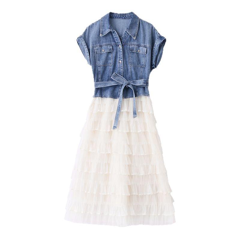 

Temperament Denim Top With Belt Lace Mesh Skirt Two Piece Set Korean Commuter Style Fashion Short Sleeve Dress Sets For Women 4XL синій