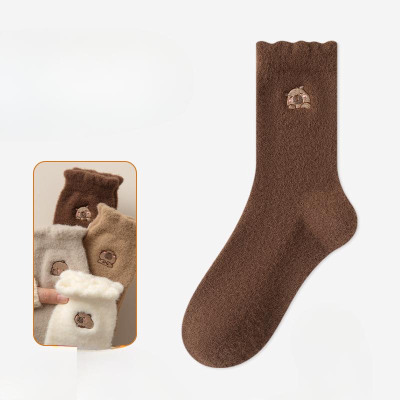 Female Autumn and Winter Thickened Velvet Warm Embroidery Lovely Sleep Tube Socks